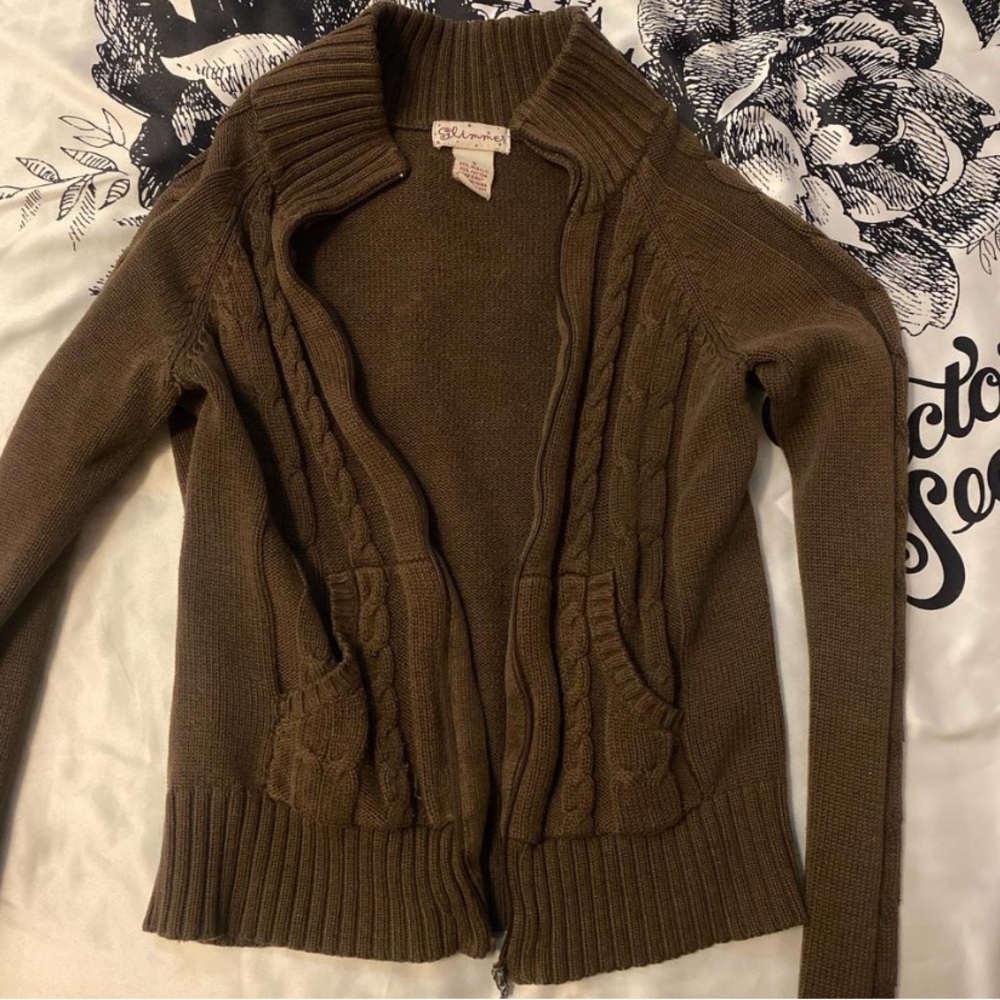brown cable knit cardigan zip up